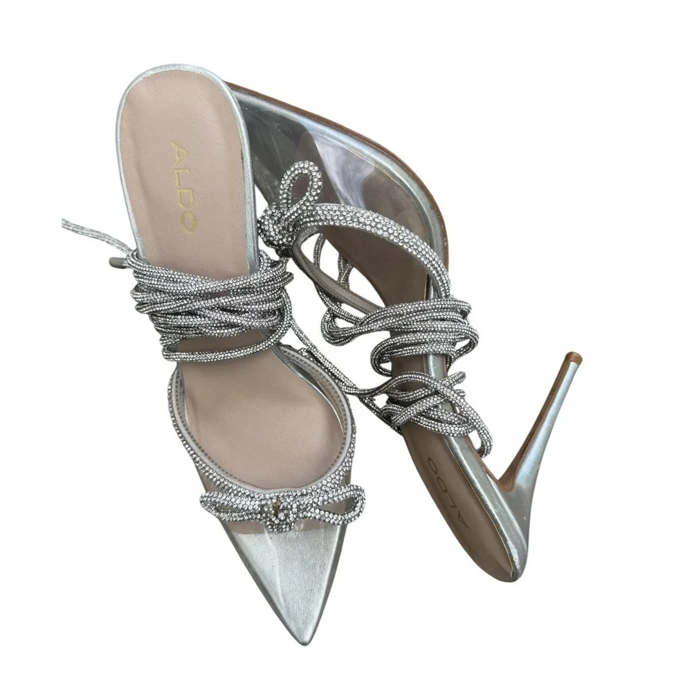 ALDO Silver Rhinestone Lace Up Heels 8 Pointed Toe PVC Bow Stiletto Pumps